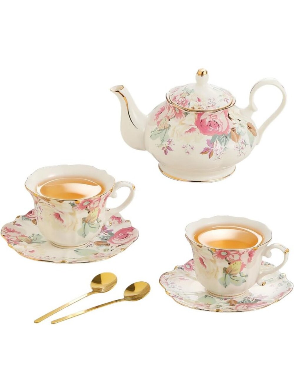 Vintage Floral Porcelain Tea Set for One or Two, Elegant Ceramic Tea Party Set